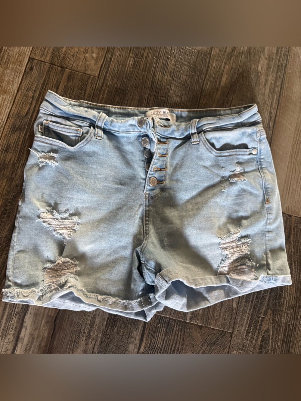 Judy Blue Faded Light Blue Distressed Button-Front Jean Shorts